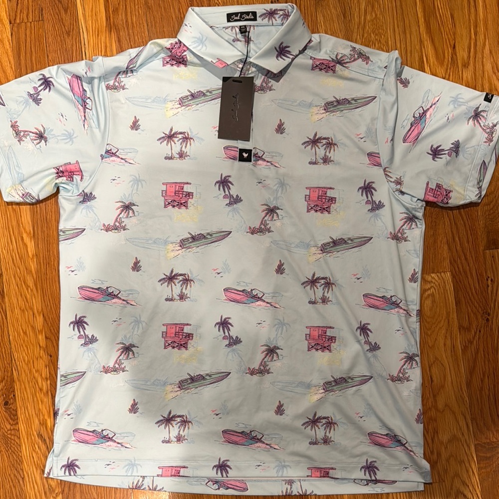 Bad Birdie Blue Casual Button Down Shirt Tropical Print